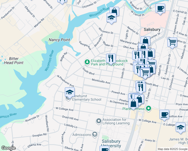 map of restaurants, bars, coffee shops, grocery stores, and more near 421 South Boulevard in Salisbury