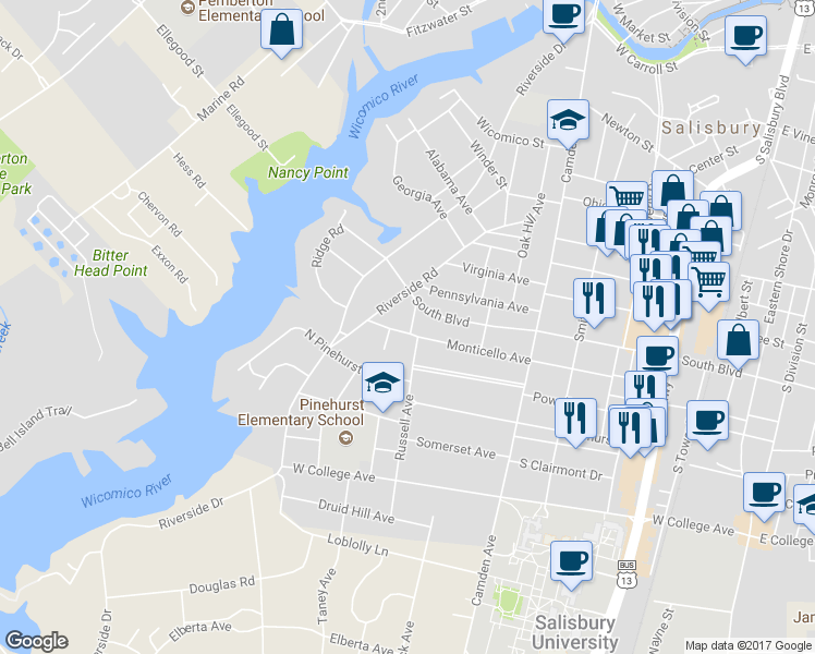 map of restaurants, bars, coffee shops, grocery stores, and more near 437 Monticello Avenue in Salisbury