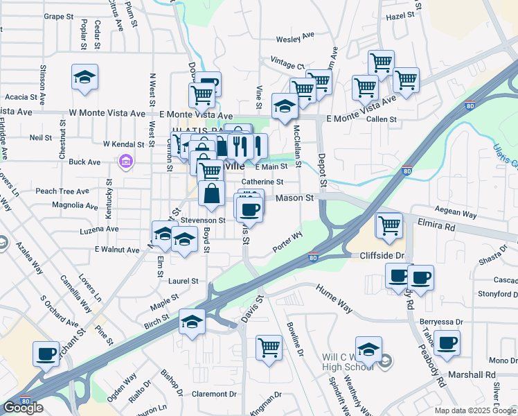 map of restaurants, bars, coffee shops, grocery stores, and more near 555 Mason Street in Vacaville