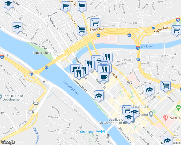 map of restaurants, bars, coffee shops, grocery stores, and more near 211 Clendenin Street in Charleston
