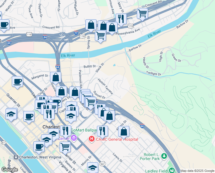 map of restaurants, bars, coffee shops, grocery stores, and more near 47 Sunset Drive in Charleston