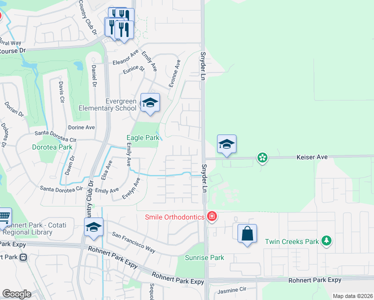 map of restaurants, bars, coffee shops, grocery stores, and more near 19 Círculo Lujo in Rohnert Park