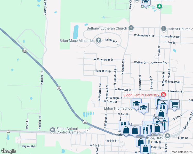 map of restaurants, bars, coffee shops, grocery stores, and more near 400-498 North Pearl Drive in Eldon