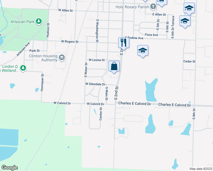 map of restaurants, bars, coffee shops, grocery stores, and more near 101 West Glendale Drive in Clinton