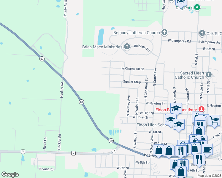 map of restaurants, bars, coffee shops, grocery stores, and more near 400-404 North Tedmark Avenue in Eldon
