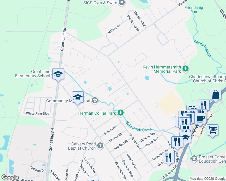 map of restaurants, bars, coffee shops, grocery stores, and more near 3923 Sarah Lane in New Albany