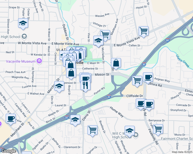map of restaurants, bars, coffee shops, grocery stores, and more near in Vacaville