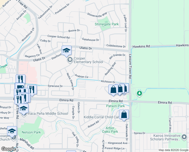 map of restaurants, bars, coffee shops, grocery stores, and more near 844 Arabian Circle in Vacaville