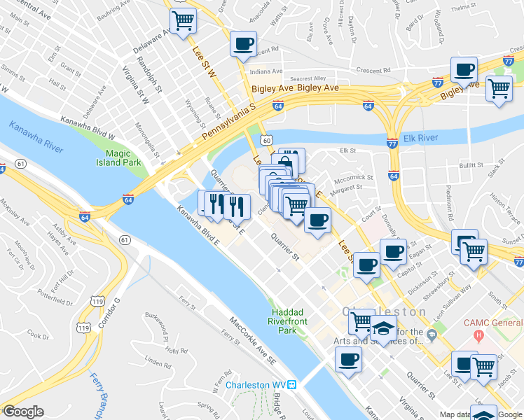 map of restaurants, bars, coffee shops, grocery stores, and more near 211 Clendenin Street in Charleston