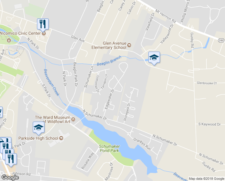 map of restaurants, bars, coffee shops, grocery stores, and more near 705 Edgewater Drive in Salisbury