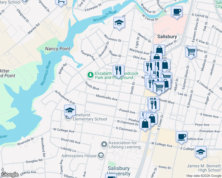 map of restaurants, bars, coffee shops, grocery stores, and more near in Salisbury