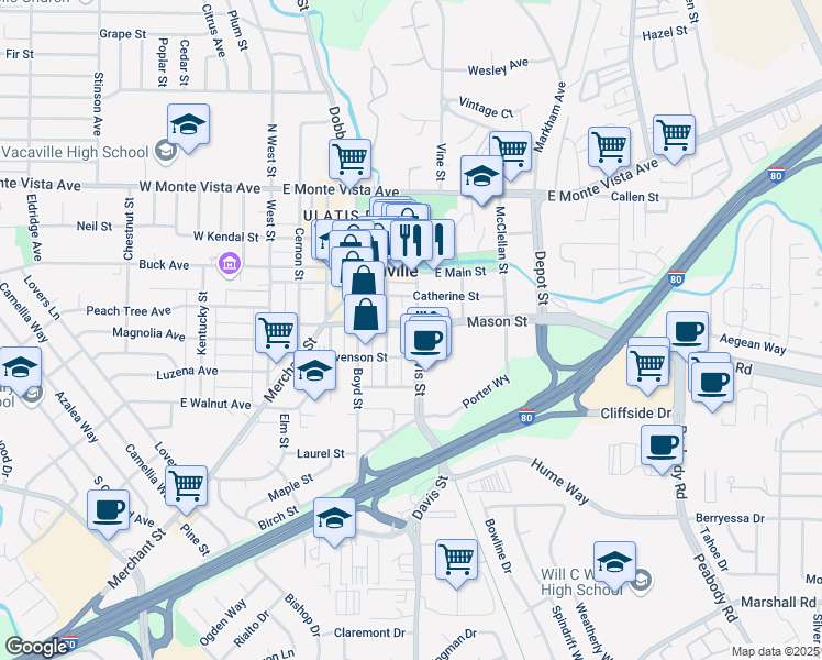 map of restaurants, bars, coffee shops, grocery stores, and more near 400 Davis Street in Vacaville