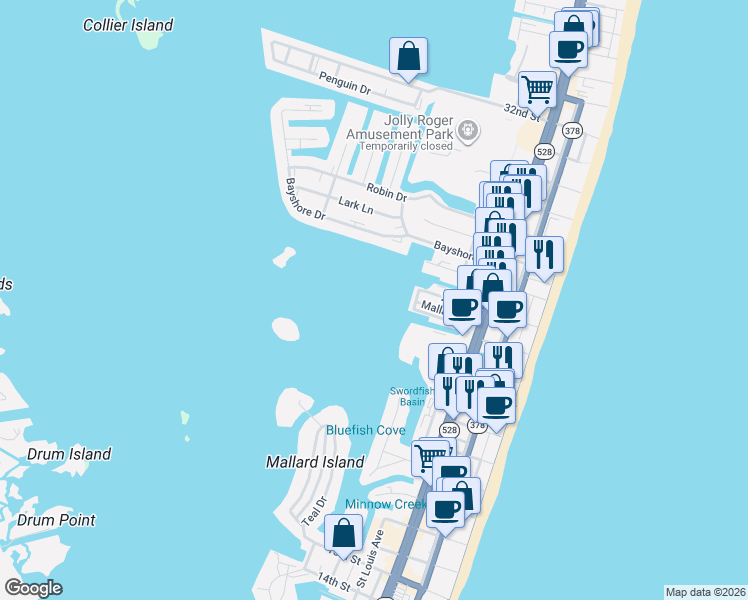 map of restaurants, bars, coffee shops, grocery stores, and more near Bayfront Lane in Ocean City