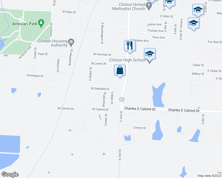 map of restaurants, bars, coffee shops, grocery stores, and more near 102 East Glendale Drive in Clinton