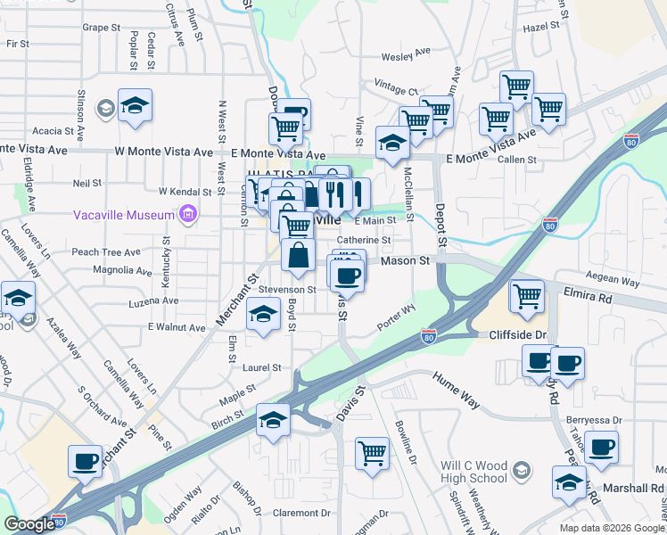 map of restaurants, bars, coffee shops, grocery stores, and more near 555 Mason Street in Vacaville