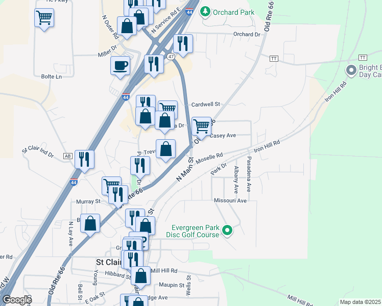 map of restaurants, bars, coffee shops, grocery stores, and more near North Main Street in Saint Clair