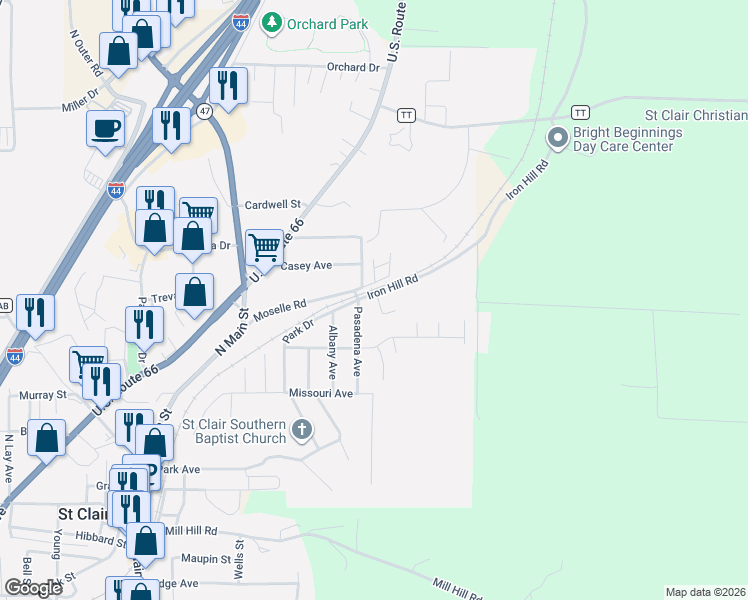 map of restaurants, bars, coffee shops, grocery stores, and more near 3 Iron Hill Court in Saint Clair