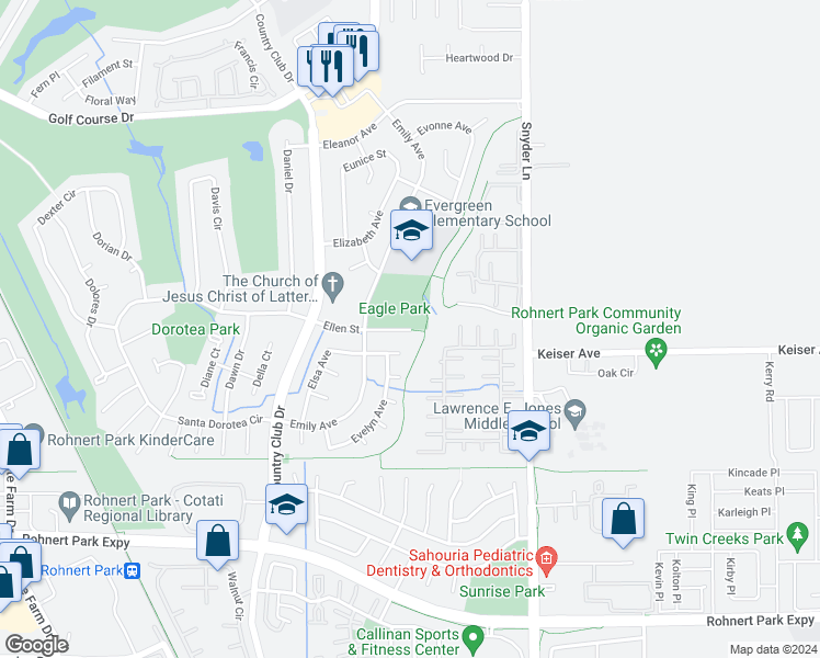 map of restaurants, bars, coffee shops, grocery stores, and more near 972 Ellen Court in Rohnert Park