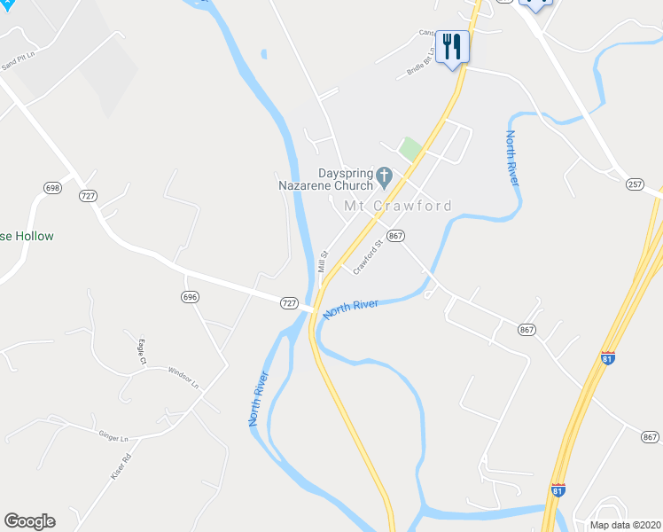 map of restaurants, bars, coffee shops, grocery stores, and more near 535 South Main Street in Mount Crawford