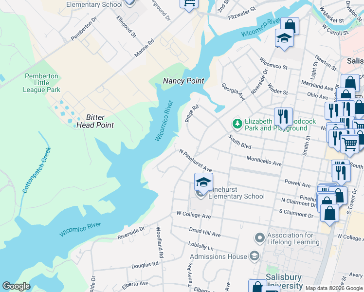 map of restaurants, bars, coffee shops, grocery stores, and more near 631 Ridge Road in Salisbury
