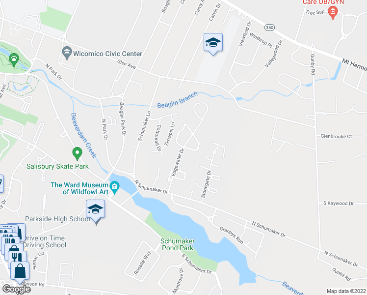 map of restaurants, bars, coffee shops, grocery stores, and more near 700 Edgewater Drive in Salisbury