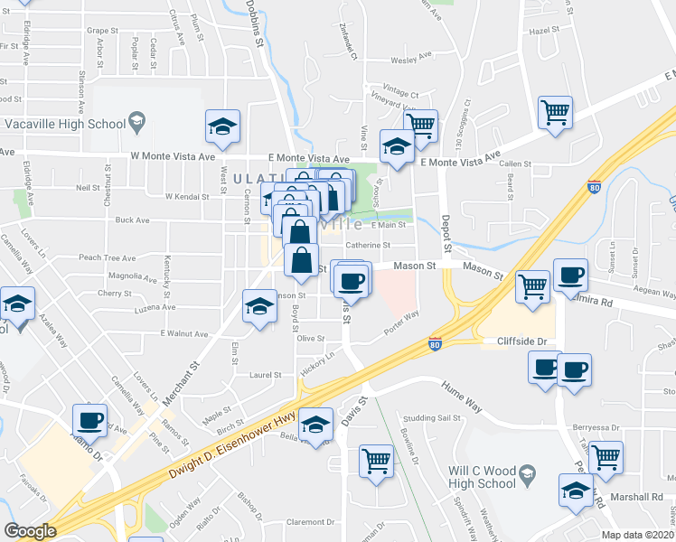 map of restaurants, bars, coffee shops, grocery stores, and more near 555 Mason Street in Vacaville