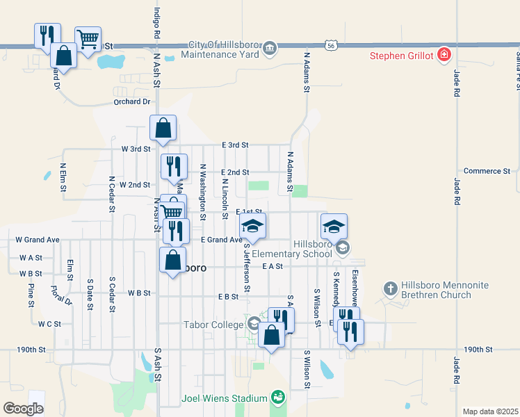 map of restaurants, bars, coffee shops, grocery stores, and more near 408 East 1st Street in Hillsboro