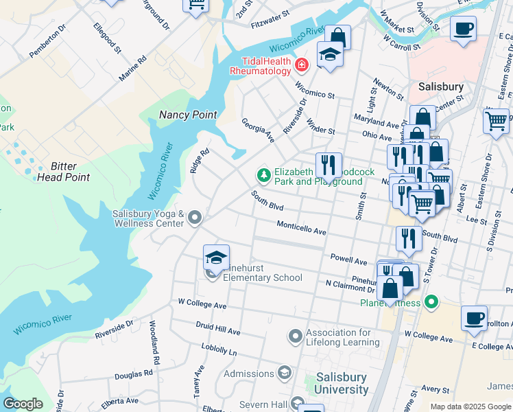 map of restaurants, bars, coffee shops, grocery stores, and more near 433 South Boulevard in Salisbury