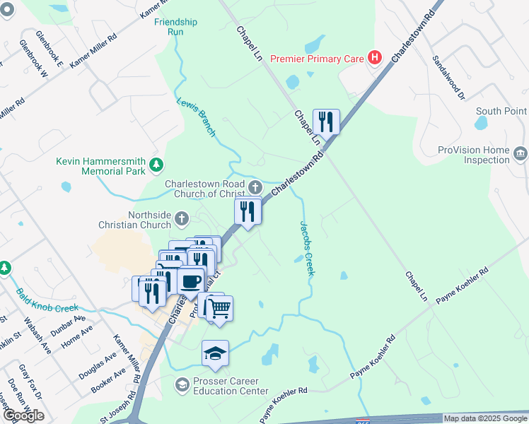 map of restaurants, bars, coffee shops, grocery stores, and more near 4058-4078 Charlestown Road in New Albany