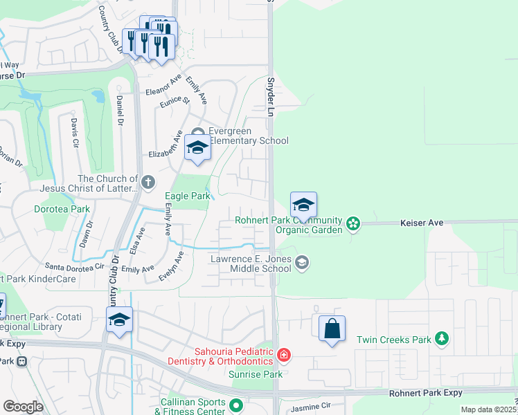 map of restaurants, bars, coffee shops, grocery stores, and more near 19 Círculo Lujo in Rohnert Park