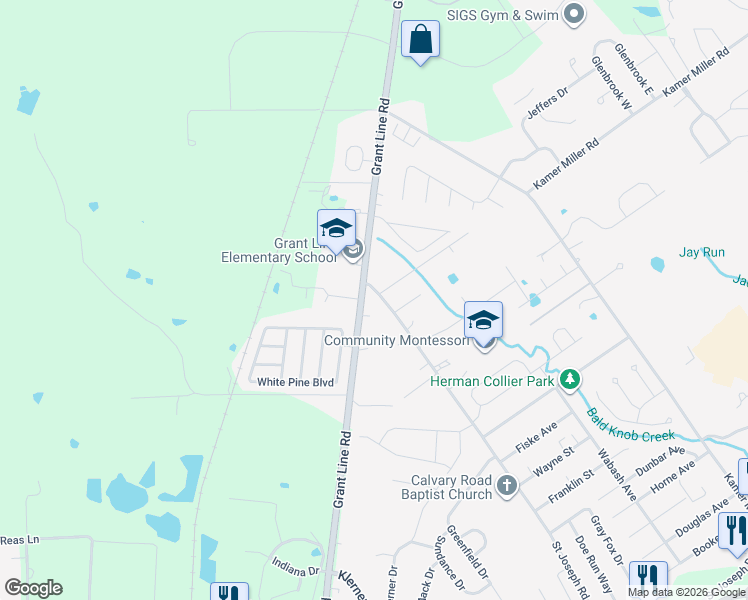 map of restaurants, bars, coffee shops, grocery stores, and more near 4720 Grant Line Road in New Albany