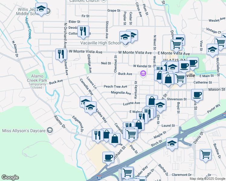 map of restaurants, bars, coffee shops, grocery stores, and more near 300 Magnolia Avenue in Vacaville