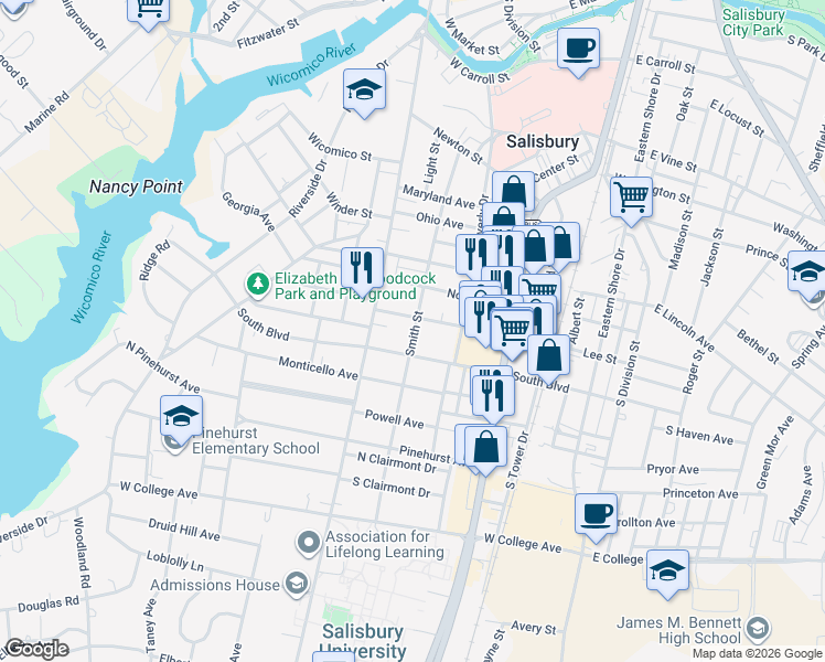 map of restaurants, bars, coffee shops, grocery stores, and more near 230 Middle Boulevard in Salisbury