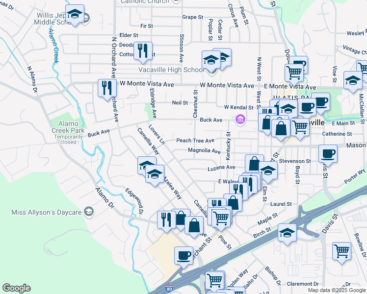 map of restaurants, bars, coffee shops, grocery stores, and more near 300 Magnolia Avenue in Vacaville