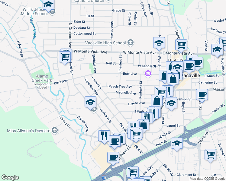 map of restaurants, bars, coffee shops, grocery stores, and more near 300 Magnolia Avenue in Vacaville
