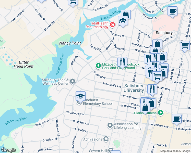 map of restaurants, bars, coffee shops, grocery stores, and more near 433 South Boulevard in Salisbury