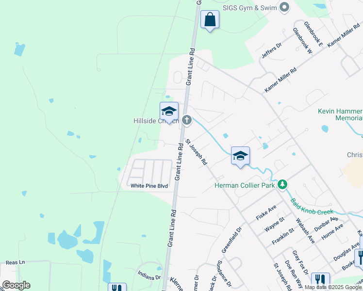 map of restaurants, bars, coffee shops, grocery stores, and more near 4720 Grant Line Road in New Albany