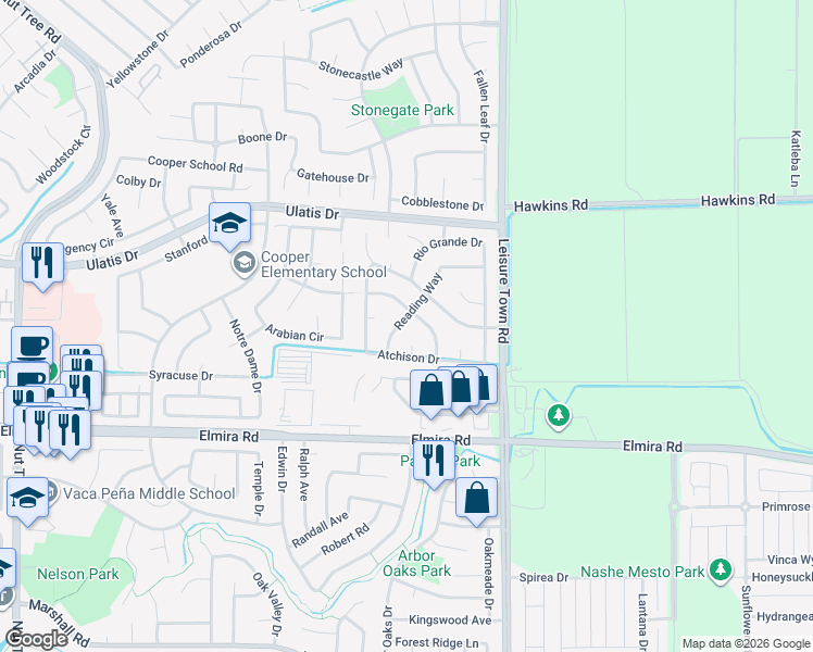 map of restaurants, bars, coffee shops, grocery stores, and more near 903 Reading Way in Vacaville
