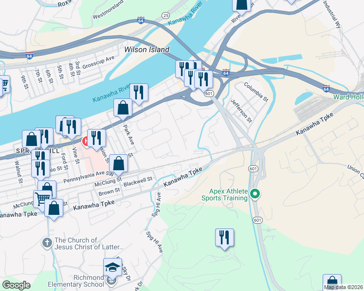 map of restaurants, bars, coffee shops, grocery stores, and more near 158 Kenna Drive in South Charleston