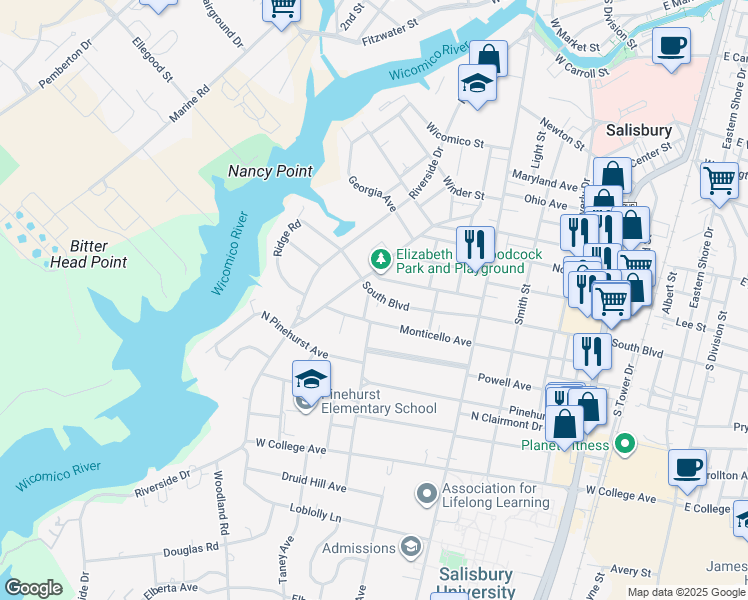map of restaurants, bars, coffee shops, grocery stores, and more near 809 Logan Street in Salisbury