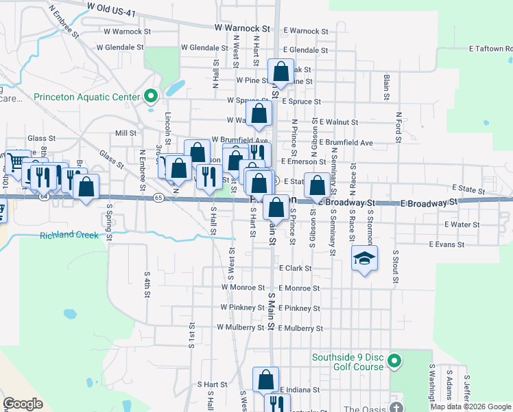 map of restaurants, bars, coffee shops, grocery stores, and more near 108 South Hart Street in Princeton