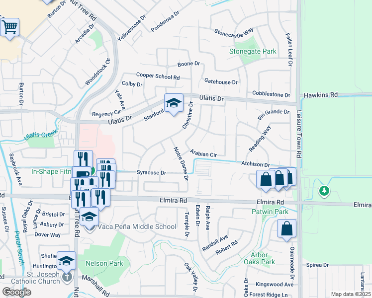 map of restaurants, bars, coffee shops, grocery stores, and more near 712 Angus Way in Vacaville