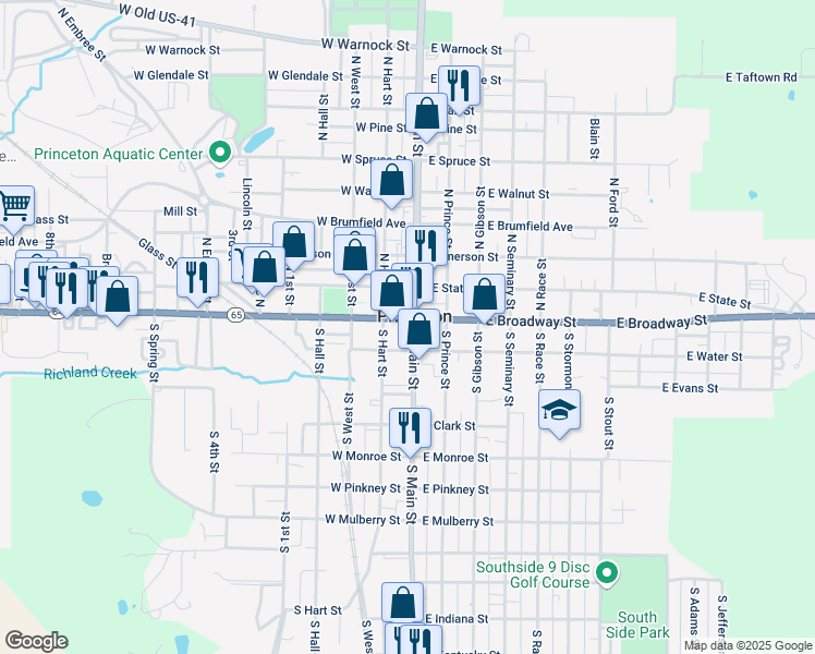 map of restaurants, bars, coffee shops, grocery stores, and more near 108 South Hart Street in Princeton