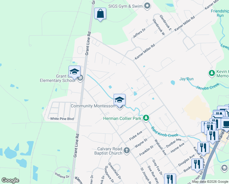 map of restaurants, bars, coffee shops, grocery stores, and more near 4208 Cadbury Drive in New Albany