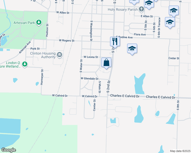 map of restaurants, bars, coffee shops, grocery stores, and more near 101 West Glendale Drive in Clinton