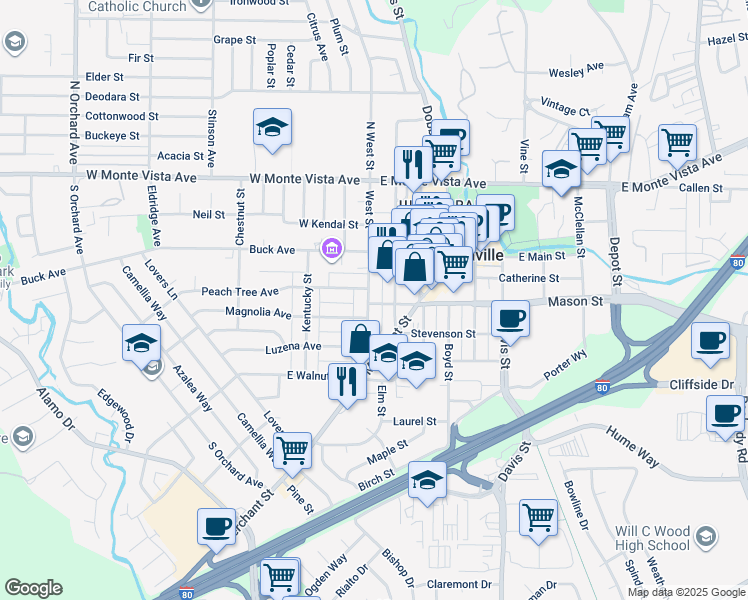 map of restaurants, bars, coffee shops, grocery stores, and more near 121 Mason Street in Vacaville