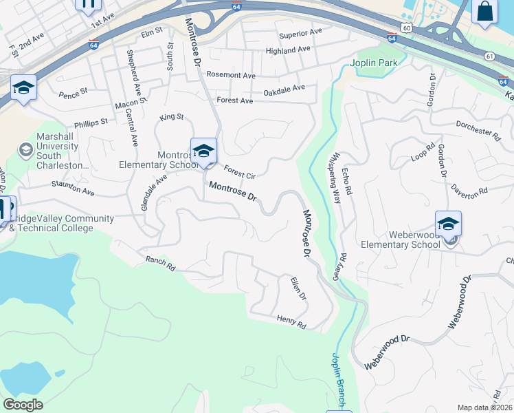 map of restaurants, bars, coffee shops, grocery stores, and more near 910 Montrose Drive in South Charleston
