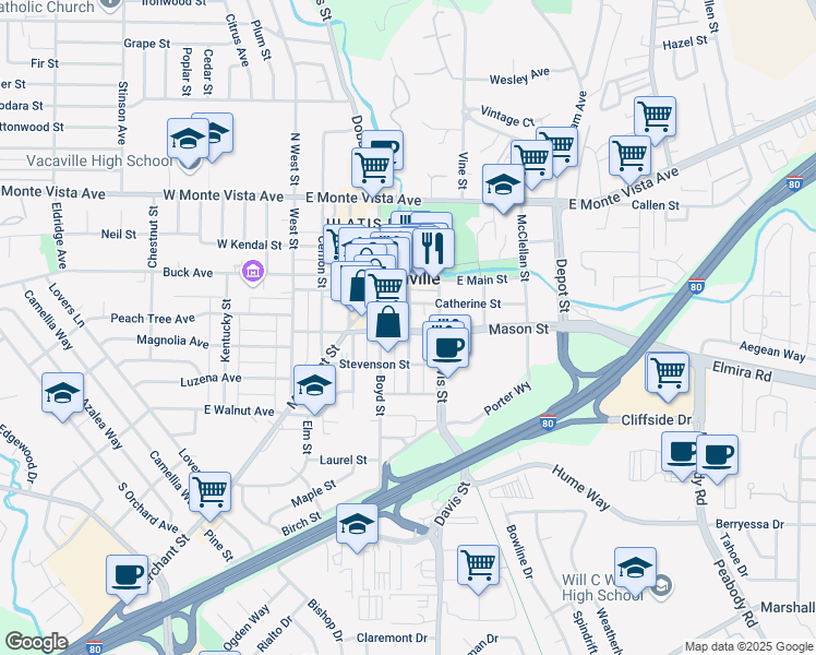 map of restaurants, bars, coffee shops, grocery stores, and more near 121B Elizabeth Street in Vacaville