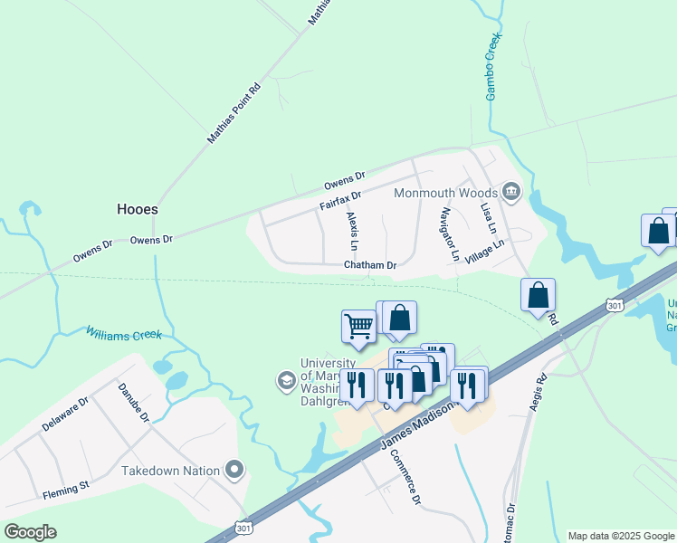 map of restaurants, bars, coffee shops, grocery stores, and more near 4253 Chatham Drive in King George