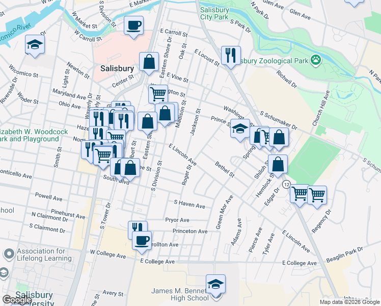 map of restaurants, bars, coffee shops, grocery stores, and more near 725 Roger Street in Salisbury